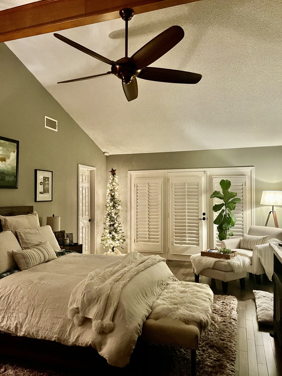 Addition master bedroom with vaulted ceiling and French doors to pool